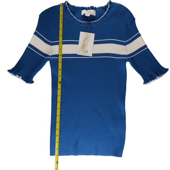 Magaschoni Blue White Stretchy Rib Knit Top Med Ruffle Edge Neck & Sleeves NWT - Picture 7 of 8